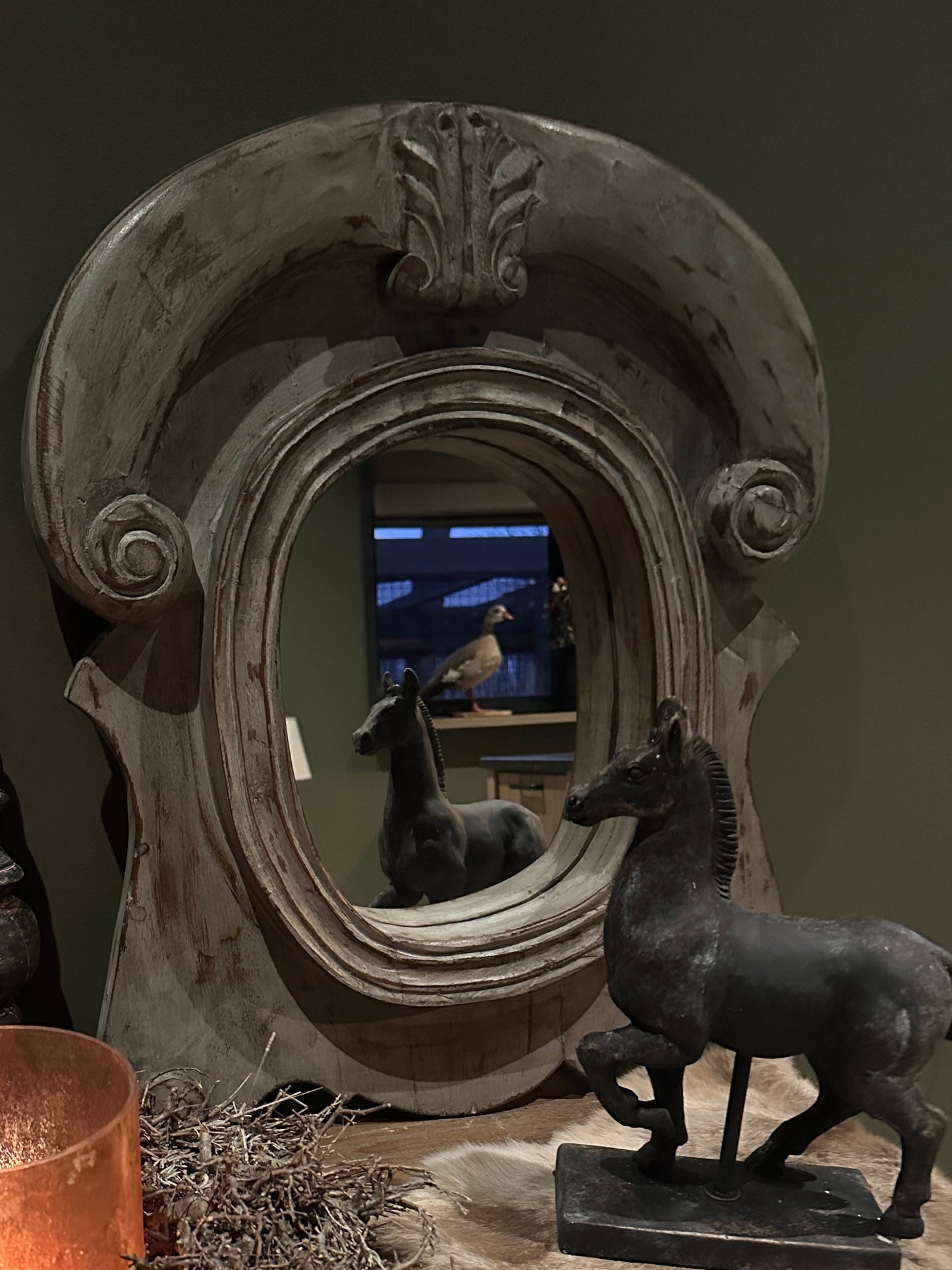 Massief houten ossenoog spiegel