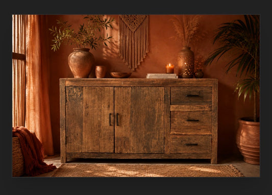 Rustiek houten dressoir met verweerde houtstructuur, zwarte grepen en twee deuren met drie lades, gestyled met lamp en decoratie"