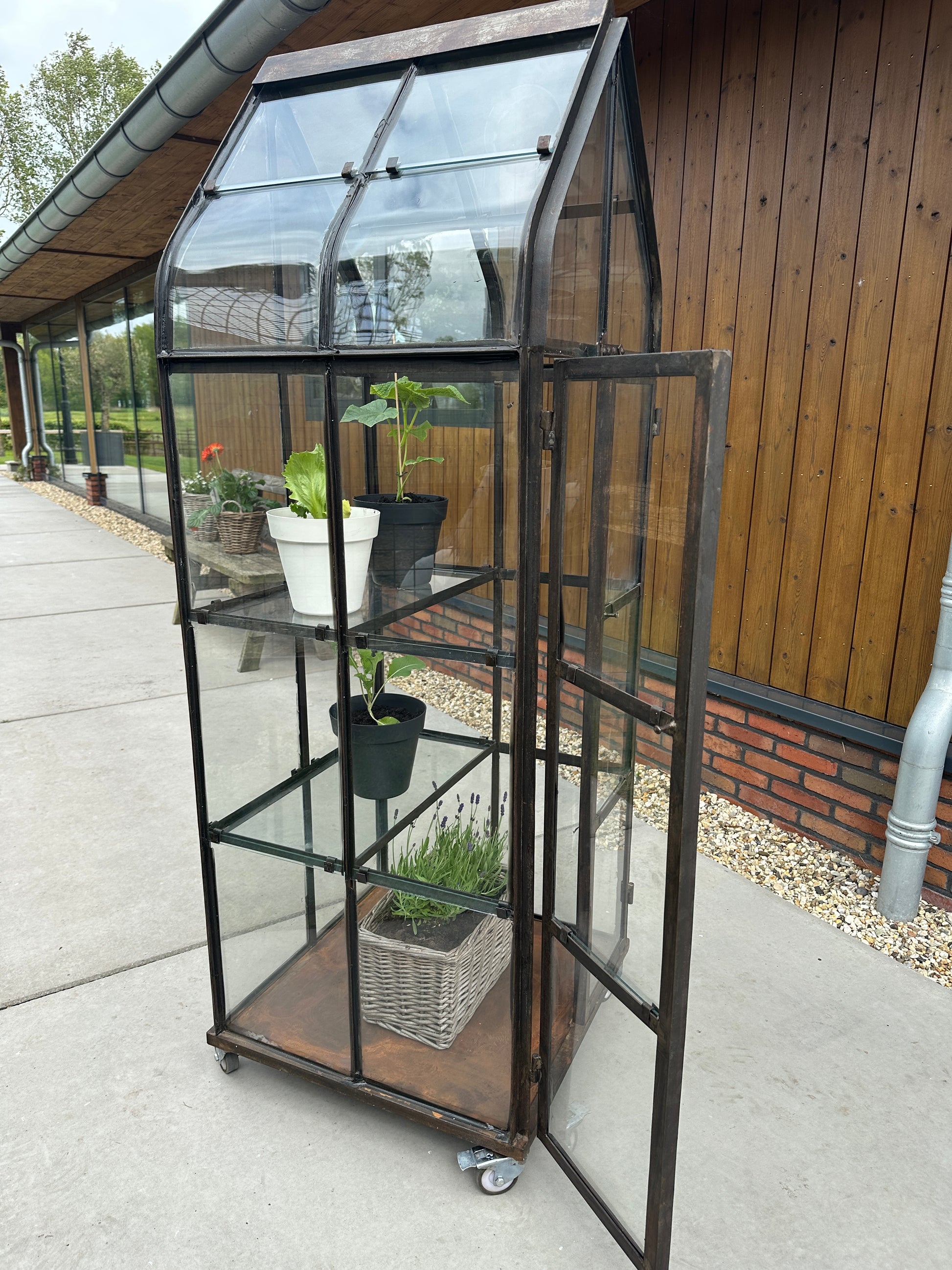 intage Franse tuinkas met glazen panelen en stalen frame – binnen en buiten gebruik – Sfeerstal69