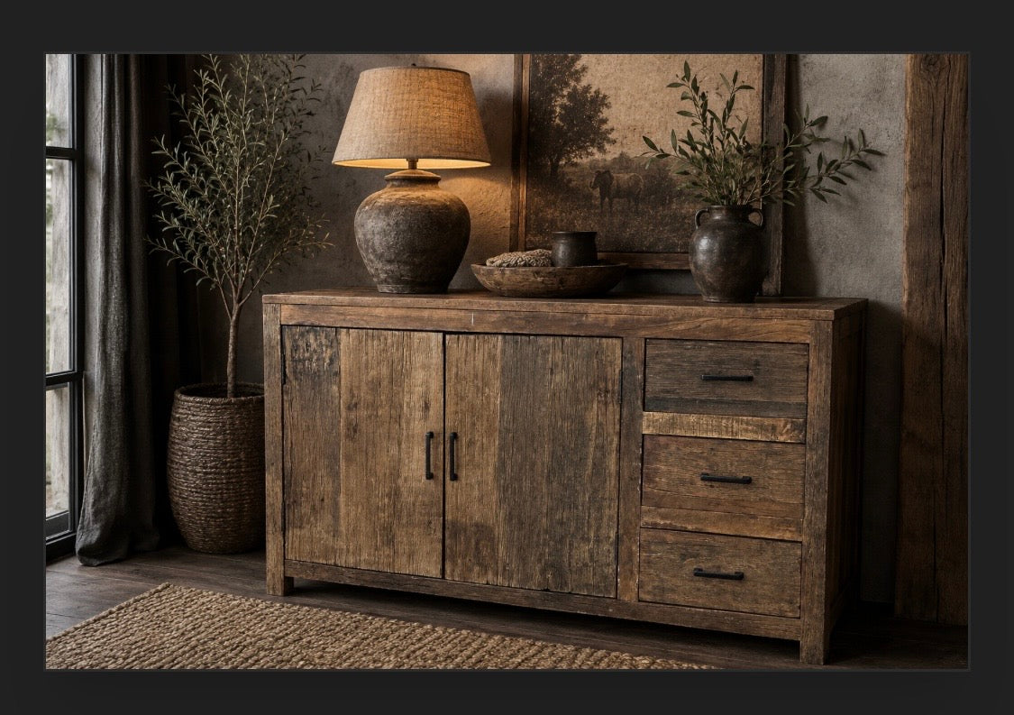 Rustiek houten dressoir met verweerde houtstructuur, zwarte grepen en twee deuren met drie lades, gestyled met lamp en decoratie"