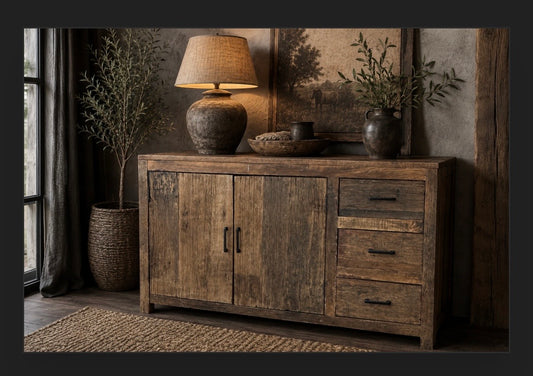 Rustiek houten dressoir met verweerde houtstructuur, zwarte grepen en twee deuren met drie lades, gestyled met lamp en decoratie"